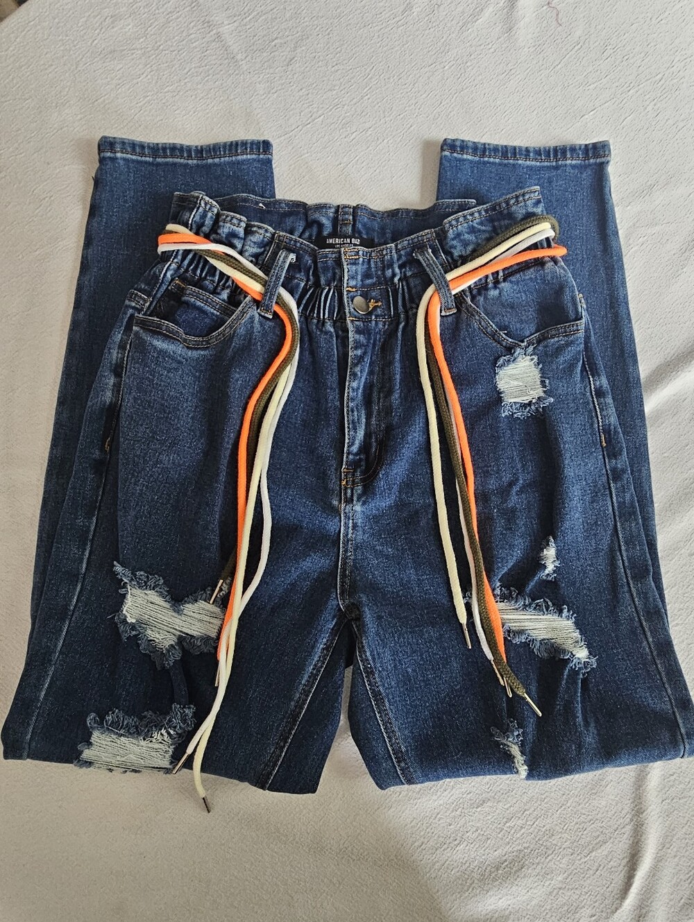 American Bazi Distressed Denim Jogger Jeans High Waist Ripped Drawstring Size M
